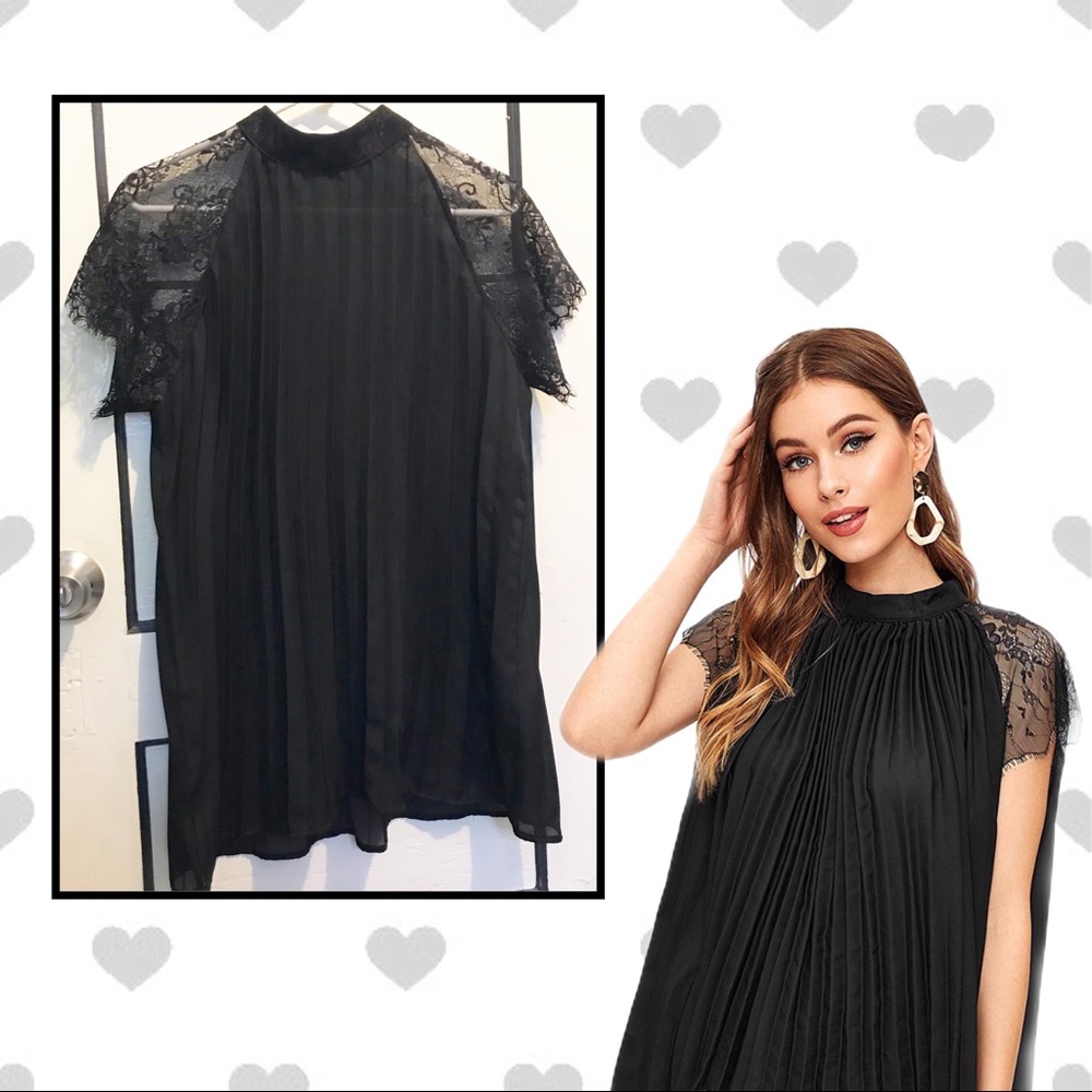 High neck pleated tunic blouse w/ lace